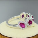 Sterling Silver Half Eternity Pear and Oval Halo Ruby and Clear CZ Ring
