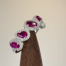 Sterling Silver Half Eternity Pear and Oval Halo Ruby and Clear CZ Ring
