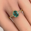 Sterling Silver Yellow Gold Plated Oval Cut Teal CZ Halo Ring