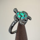 Sterling Silver  Black Rhodium Plated Turtle Green Lab Opal Ring