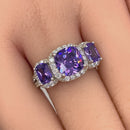 Sterling Silver Amethyst Three Stone Halo CZ Ring