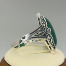 Sterling Silver Oval Green Agate Marcasite Ring