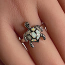 Sterling Silver Turtle White Lab Opal Ring