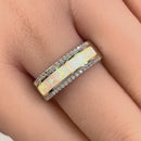 Sterling Silver Long Bar White Lab Opal CZ Ring