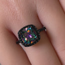 Sterling Silver Black Rhodium Cushion Cut Rainbow CZ Ring