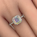 Sterling Silver Chic Square Halo Iridescent Rainbow CZ Ring