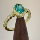 Sterling Silver Yellow Gold Plated Oval Cut Teal CZ Halo Ring