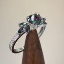 Sterling Silver Flower Leaves Rainbow CZ Ring