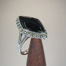 Sterling Silver Black Onyx Diamond Shape Marcasite Ring