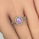 Sterling Silver Pink Lab Opal and Clear CZ Oval Halo Ring