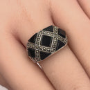 Sterling Silver Black Onyx Pattern Marcasite Ring