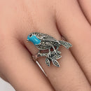 Sterling Silver Hand-Painted Turquoise Bird Marcasite Ring