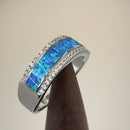 Sterling Silver Long Bar Blue Lab Opal CZ Ring