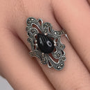 Sterling Silver Pear Shape Black Onyx Marcasite Ring