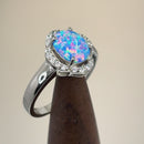 Sterling Silver Elegant Blue Lavender Lab Opal Oval Flower Halo CZ Ring