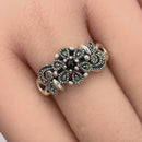 Sterling Silver Nature Inspired Round Black Onyx Marcasite Ring