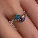 Sterling Silver Double Heart Amethyst & Aquamarine CZ Ring