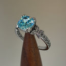 Sterling Silver Twin Butterfly Cushion Cut Aquamarine CZ Ring