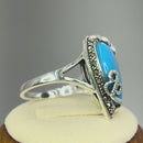 Sterling Silver Pear Shape Simulated Turquoise Marcasite Ring