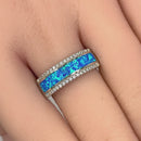 Sterling Silver Long Bar Blue Lab Opal CZ Ring