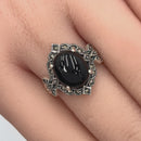 Sterling Silver Victorian Oval Black Onyx Marcasite Ring
