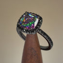 Sterling Silver Black Rhodium Cushion Cut Rainbow CZ Ring
