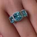 Sterling Silver Aqua Blue Three Stone Halo CZ Ring