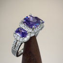 Sterling Silver Amethyst Three Stone Halo CZ Ring