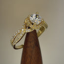 Solid 14K Yellow Gold Twist Round Halo Engagement Clear CZ Ring