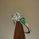 Sterling Silver Flower Leaves Emerald Clear CZ Ring