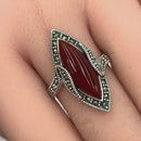 Sterling Silver Red Agate Marquise Marcasite Ring
