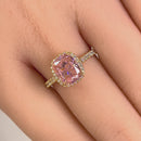 Solid 14K Yellow Gold Cushion Cut Halo Pink CZ Engagement Ring