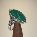 Sterling Silver Oval Green Agate Marcasite Ring