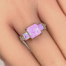 Sterling Silver Pink Lab Opal Square CZ Ring