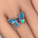 Sterling Silver Lab Opal Butterfly Tanzanite CZ Ring
