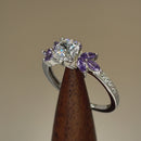 Sterling Silver Flower Leaves Amethyst Clear CZ Ring