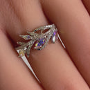 Sterling Silver Vine Leaves Iridescent Rainbow CZ Ring
