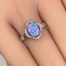 Sterling Silver Elegant Blue Lavender Lab Opal Oval Flower Halo CZ Ring