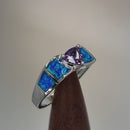 Sterling Silver Amethyst Center Trillion Cut Stone Blue Lab Opal Ring