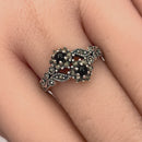 Sterling Silver Black Onyx Double Flower Marcasite Ring