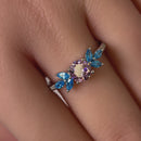 Sterling Silver Flower Leaves Pink and Blue CZ Ring