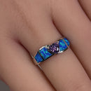Sterling Silver Amethyst Center Trillion Cut Stone Blue Lab Opal Ring