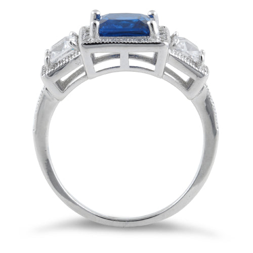 Sterling Silver Blue Sapphire CZ Square Halo Ring