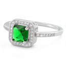 Sterling Silver Emerald CZ Cushion Halo Ring