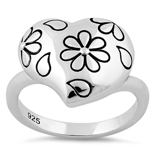 Sterling Silver Flower Leaf Heart Ring