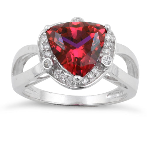Sterling Silver Ruby Trillion Cut Halo CZ Ring