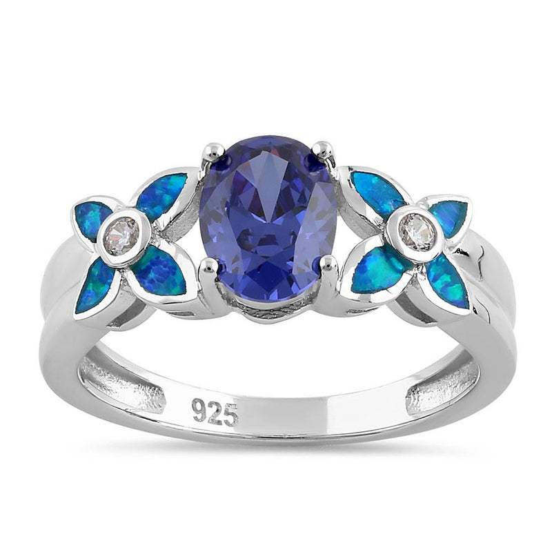 Sterling Silver Tanzanite Center Stone Flower Blue Lab Opal Ring