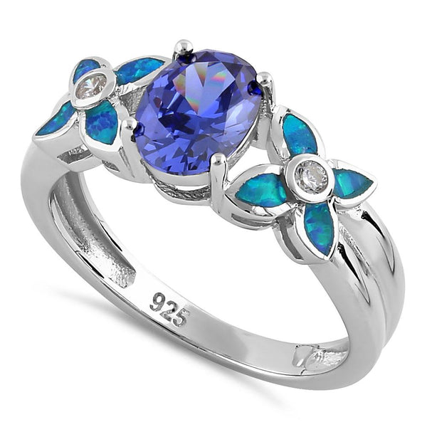 Sterling Silver Tanzanite Center Stone Flower Blue Lab Opal Ring