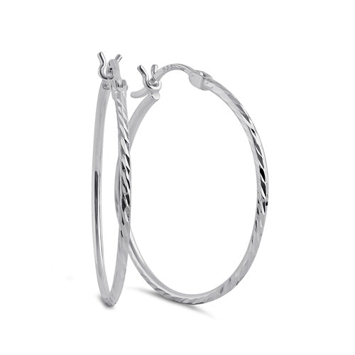 Sterling Silver 1.5MM x 25MM Textured Hoop Earrings