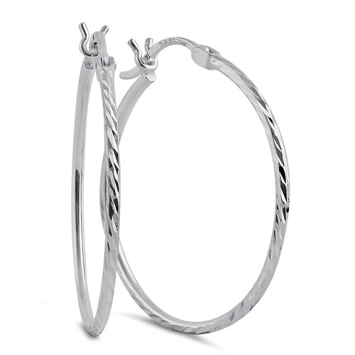 Sterling Silver 1.5MM x 30MM Textured Hoop Earrings